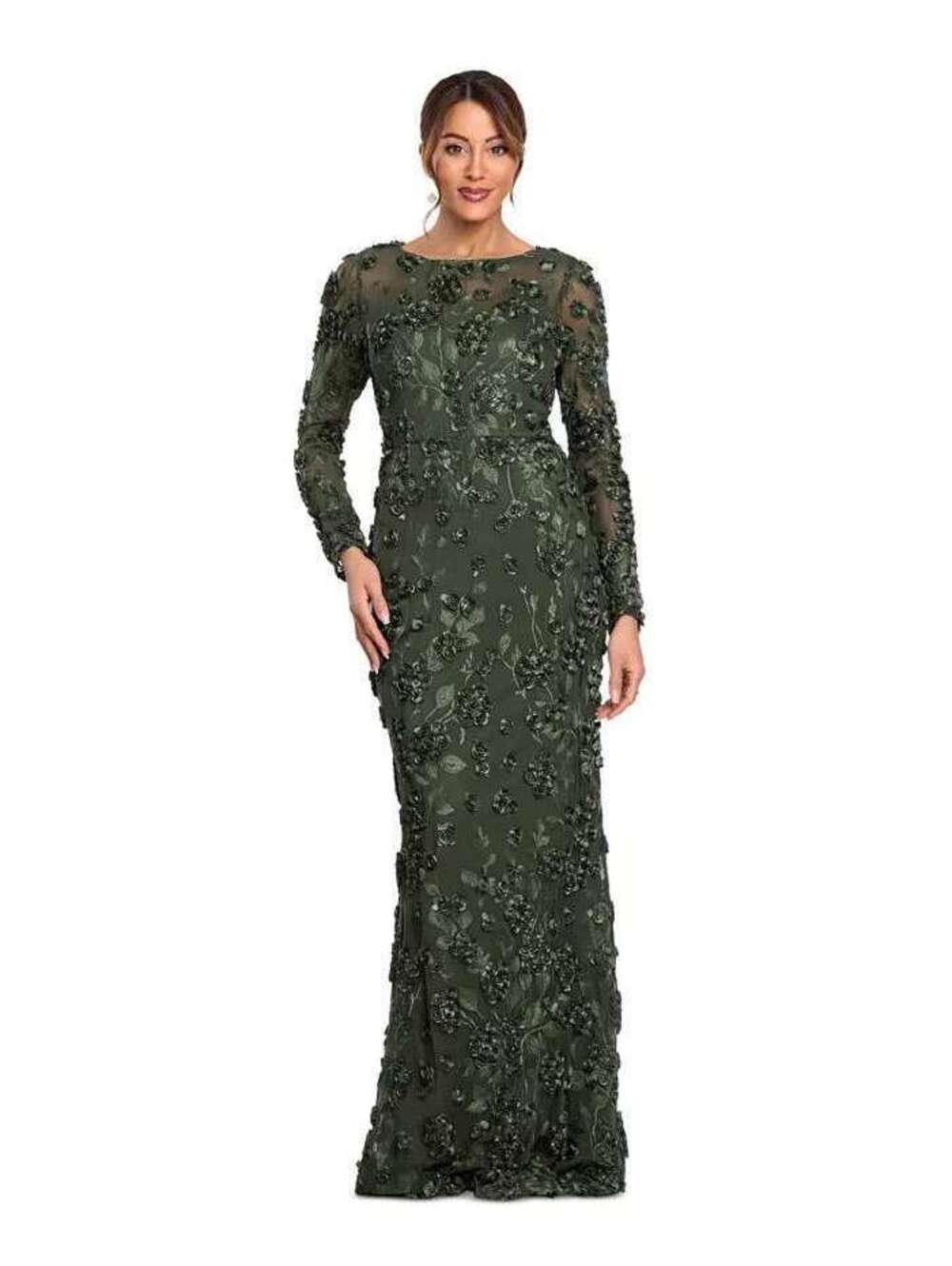 XSCAPE Modest Long Sleeve Rose Flower Gown Olive Green sz 8 NWT Formal Evening - Picture 6 of 6